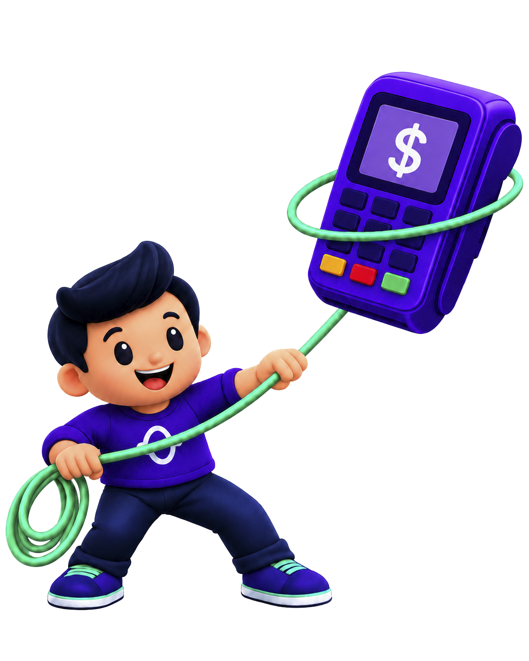 PayHopinho segurando um fio verde neon conectado a uma maquininha de cartão roxa